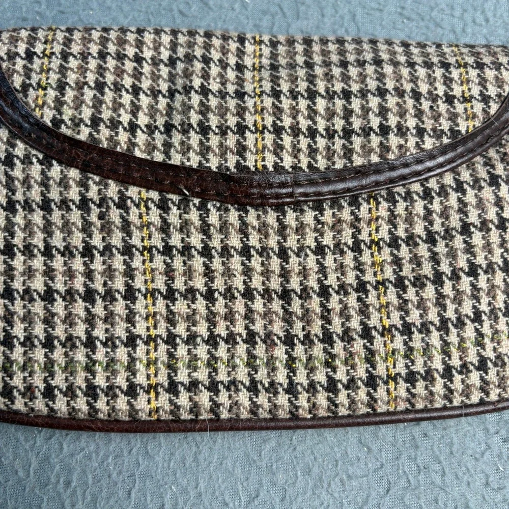 Vintage Houndstooth Wristlet Clutch Brown Tan Plaid Magnetic Snap Bag